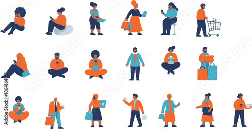 Modern lifestyle characters, everyday activities, shopping, reading, mobile use, diverse outfits, cartoon people, vector illustration, flat design, tech behavior