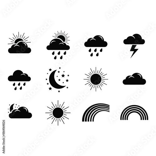 A collection of various black weather icons depicting different atmospheric conditions