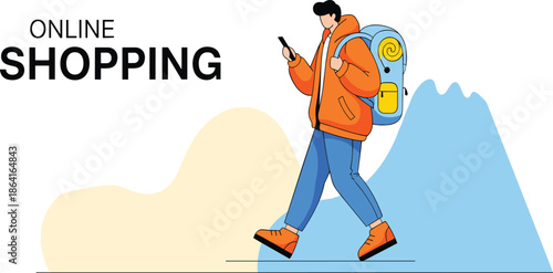 Online shopping illustration, mobile commerce, walking person, smartphone user, digital retail, modern lifestyle, vector art, flat design, convenience concept