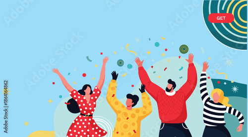 Cartoon people celebrating, raised arms, confetti, colorful outfits, joyful mood, flat design, festive vibe, vector illustration, modern party scene