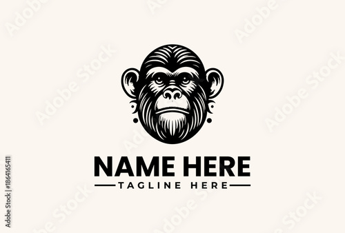 A black and white illustration of a monkey's head with a customizable name and tagline on a plain beige background, featuring a logo and vector icon design.