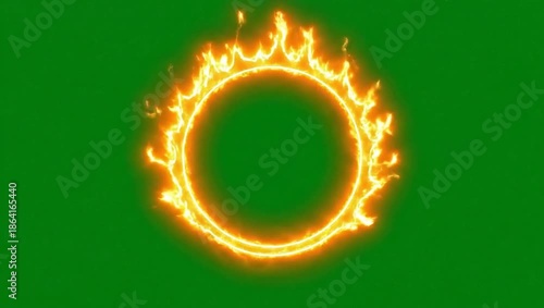 Animated fiery ring transitions on green background, circle flames growing and evolving, motion graphics elements with animation and fire and video and production