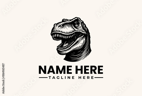 A black and white illustration of a dinosaur head with a customizable name and tagline on a beige background, featuring a logo and vector design elements.