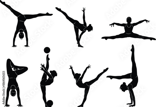 Gymnast silhouette vector, rhythmic gymnastics, balance, flexibility, strength, handstand, split pose, ball routine, sport, dance, motion, performance, artistic movement, 