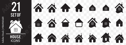 Variety of house icons in different styles and shades Black house icons, residential architecture symbols, urban planning elements, stylized homes, vector design, real estate graphics, modern housing.