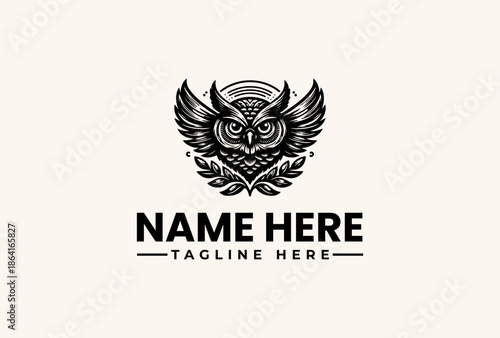 Black and white illustration of an owl logo with wings spread wide on a cream background with space for a name and tagline.