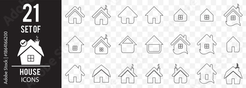Vector set of house thin line icons in Stroke Home or House icons in line style. Real estate, home, building, apartment, homes, button, symbol On Transparent Background. EPS 10.