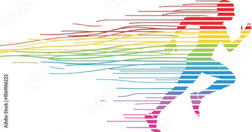 Rainbow runner, silhouette motion, speed lines, athletic sprint, vibrant colors, fitness energy, dynamic pose, sports vector, movement, gradient art - flavector
