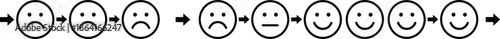 Customer satisfaction survey emoticons set showing mood scale from sad to happy with arrows for feedback experience evaluation and progress tracking.