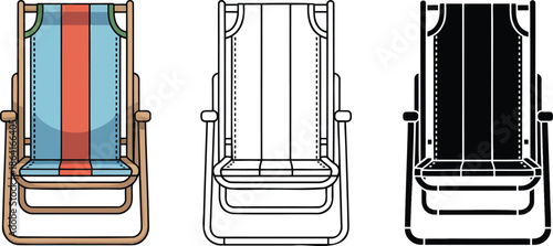 Folding beach chair silhouette & Outline and illustration set isolated on transparent background