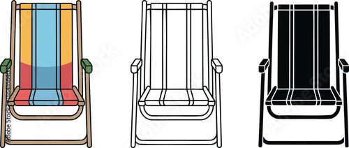 Folding beach chair silhouette & Outline and illustration set isolated on transparent background