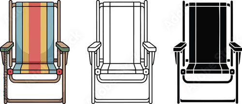 Folding beach chair silhouette & Outline and illustration set isolated on transparent background