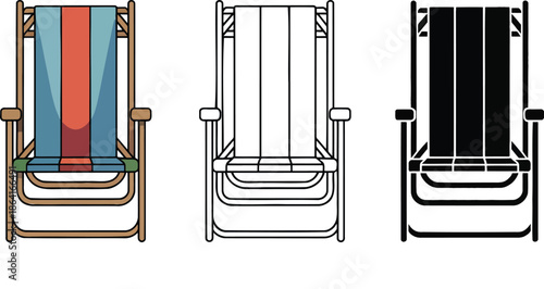 Folding beach chair silhouette & Outline and illustration set isolated on transparent background