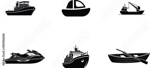 collection of various boat and ship silhouettes for design use