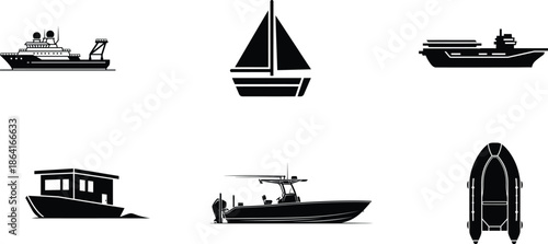 collection of various boat and ship silhouettes on white background for design