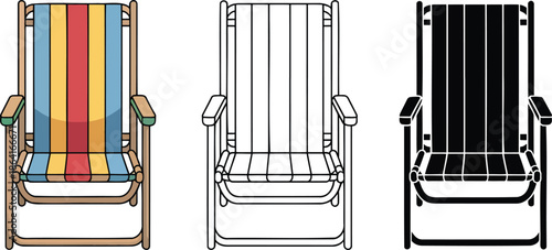 Folding beach chair silhouette & Outline and illustration set isolated on transparent background