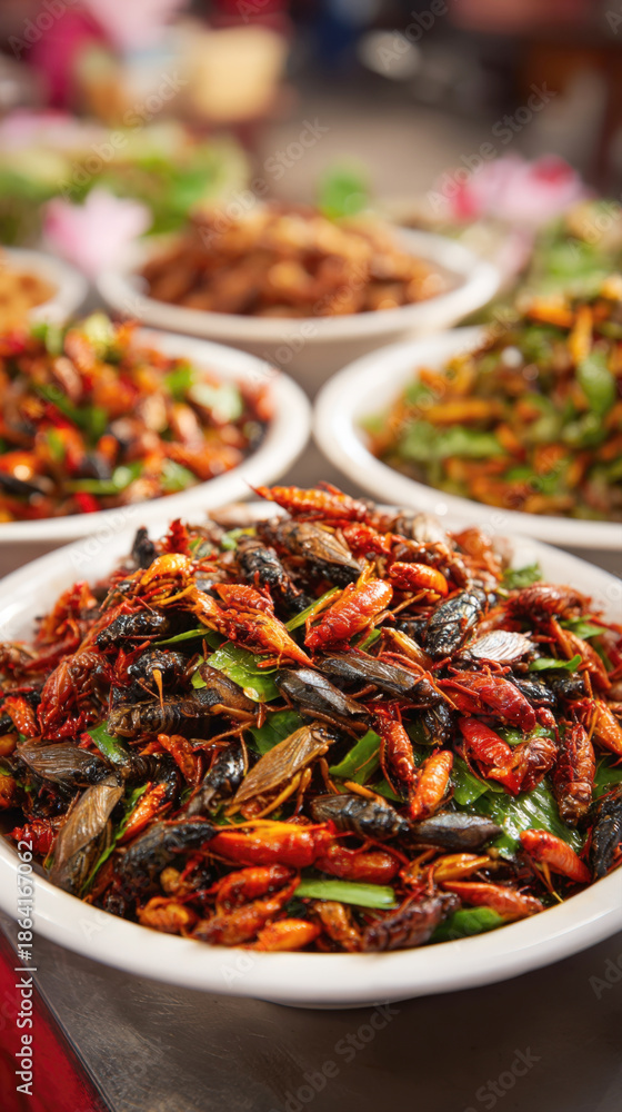 Fototapeta premium Variety of Fried Edible Insects and Bugs Served in White Bowls at an Asian Night Market, Traditional Exotic Street Food Featuring Crispy Crickets and Grasshoppers Rich in Protein and Nutrients
