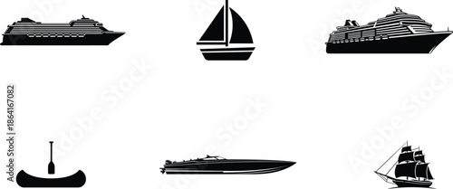 Collection of various boat and ship silhouettes on white background