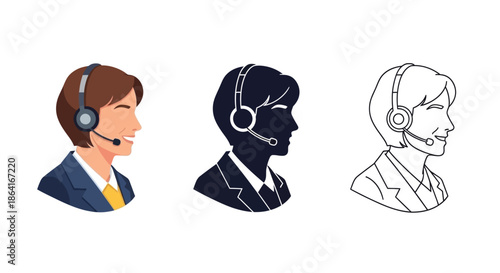 Customer service representative illustrations in different styles color silhouette and outline