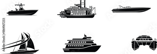 collection of various boat and ship silhouettes on white background