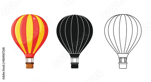 Three hot air balloons in different styles color black and outline