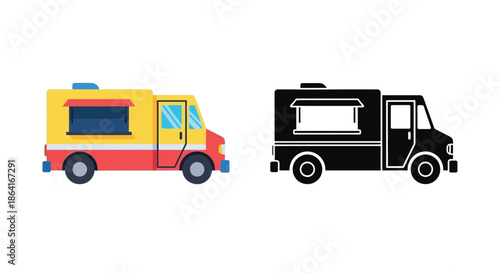 Colorful and monochrome food truck illustrations displayed side by side for comparison