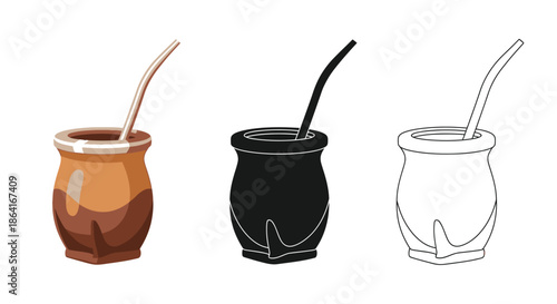 Three depictions of a traditional mate gourd with metal straws