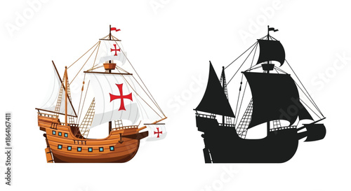 Illustrative depiction of historic sailing ships color and silhouette versions