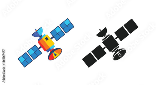 Colorful and monochrome illustrations of a satellite in space side by side
