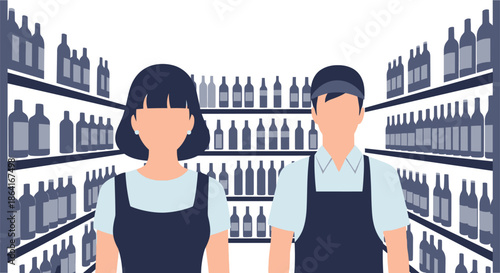 Store employees stand amidst shelves stocked with bottles in a retail setting