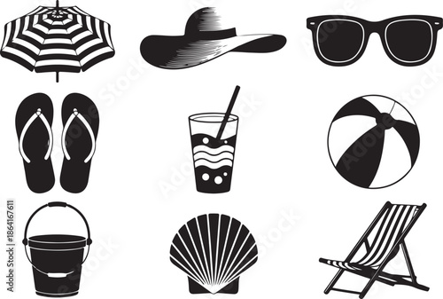 Black and white beach vacation icons including umbrella, sun hat, sunglasses, flip flops, cold drink, beach ball, bucket, seashell, lounge chair