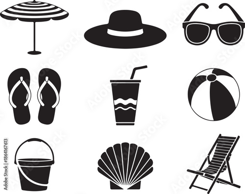 Black and white beach vacation icons including umbrella, sun hat, sunglasses, flip flops, cold drink, beach ball, bucket, seashell, lounge chair