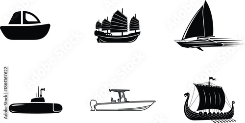 Collection of various boat and ship silhouettes on white background