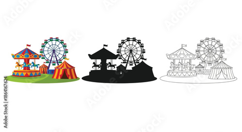 Colorful carnival rides presented in full color silhouette and line art styles