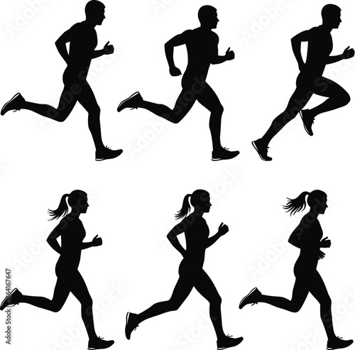 Running silhouettes, male and female, athletic motion, sports training, fitness, biomechanics, stride analysis, vector art, dynamic pose, black figures - flavector
