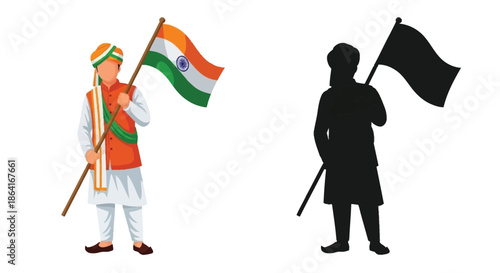 Indian independence day illustration featuring a man with a flag and its shadow
