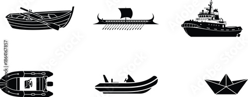 collection of various boat types and vessels in black silhouette on white background