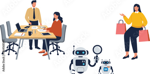 Modern flat illustration showing business meeting teamwork, shopping woman, and AI robots concept representing work, lifestyle, and technology balance