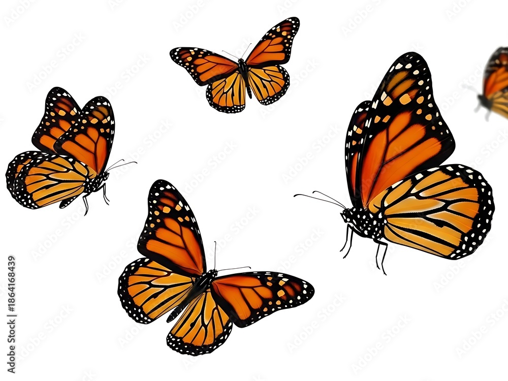 Fototapeta premium Elegant Monarch butterflies showcasing intricate wing patterns while fluttering in a dynamic group composition over a white space.