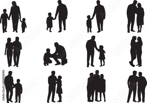 Black silhouette of parents and children in daily life activities, walking, pointing, talking and bonding poses, vector family figures on white background for parenting and awareness designs