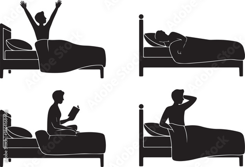 Black silhouettes of people in bed, waking, sleeping, reading, stretching, lifestyle illustration, morning routine, sleep habits, vector design