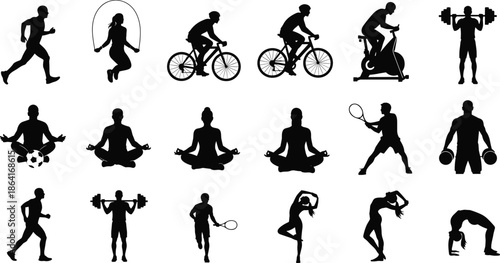 Black sports and fitness silhouette icon set featuring running, cycling, yoga, gym workouts, tennis, and training activities in flat design