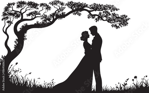 Black vector silhouette illustration of a romantic couple on the beach showing a married bride and groom kissing in a wedding celebration