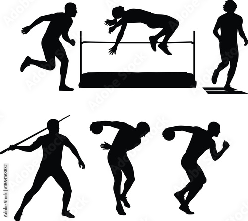 Track and field athlete silhouettes, running, jumping, throwing, javelin, shot put, discus, sprinting, sports action, dynamic movement, competition, training, 