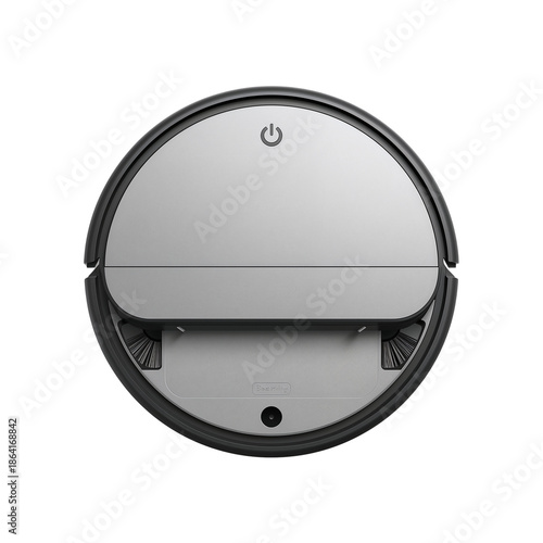 Robotic Vacuum Cleaner with Power Button Symbol, Top View, Isolated on White Background