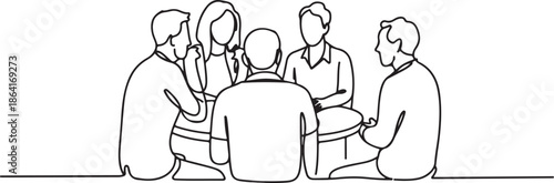 Business team meeting continuous line drawing. Friends in cafe contour vector illustration.