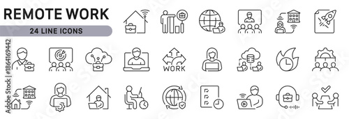 Remote Work line icons set illustrating Telecommute, Meeting, Conference, Collaboration, Productivity, Workflow, Collaboration