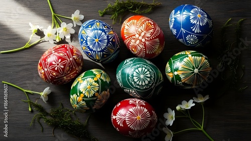 Beautifully decorated Pysanky Easter eggs with intricate patterns and vibrant colors, surrounded by delicate white flowers and green moss.