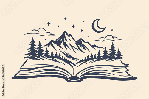 Open book mountain landscape ink sketch vector illustration