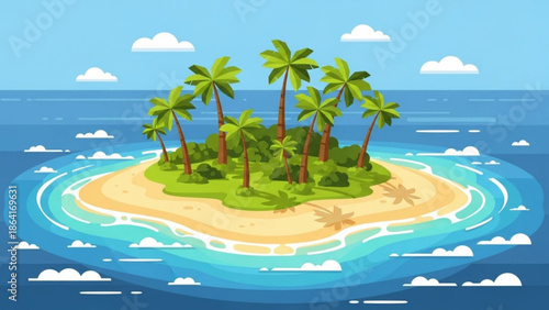A vibrant cartoon illustration of a tropical island with palm trees and sandy beach in the ocean